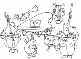 Til drenge og piger - malebog musikinstrumenter til udskrivning online for børn