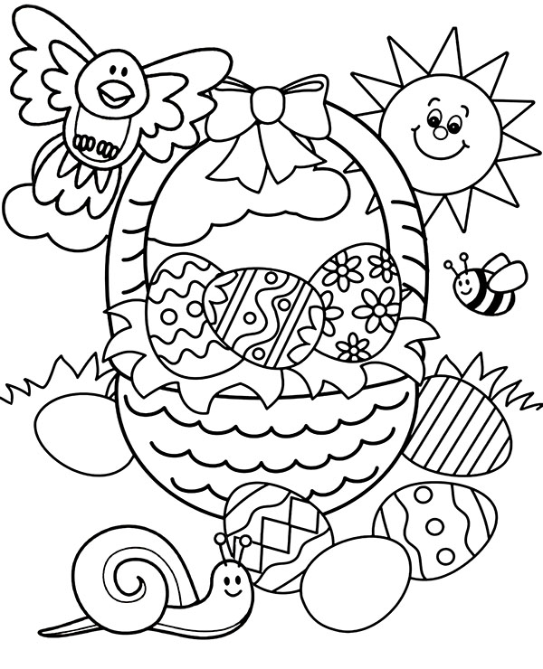 Velikonoční košík s vajíčky a dalšími dekoracemi k požehnání v kostele k vytištění