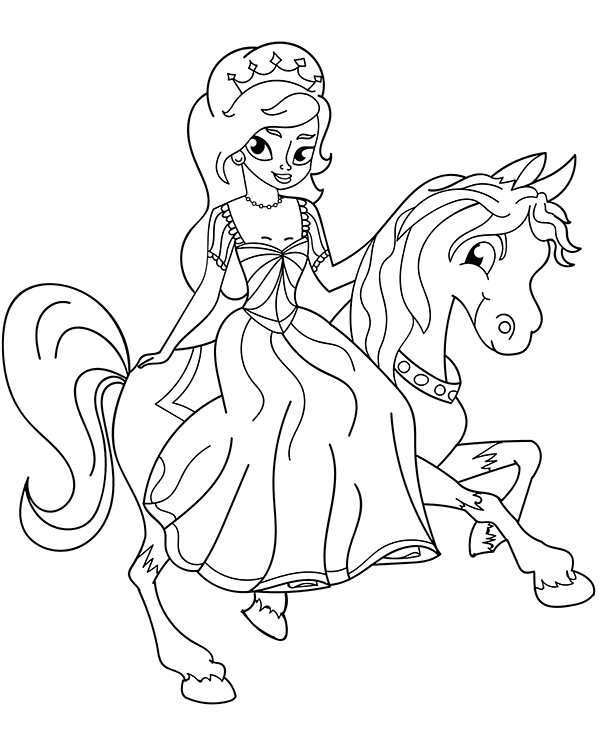 Tulostettava prinsessa hevosen selässä värityskirja lapsille verkossa