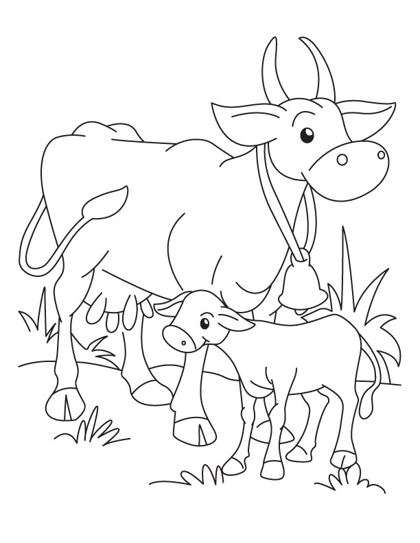 Farvelægningsbog med mor og kalv til børn, som kan printes