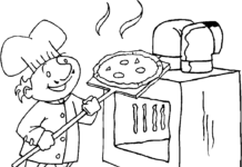 foglio da colorare pizza che cuoce nel forno stampabile per bambini