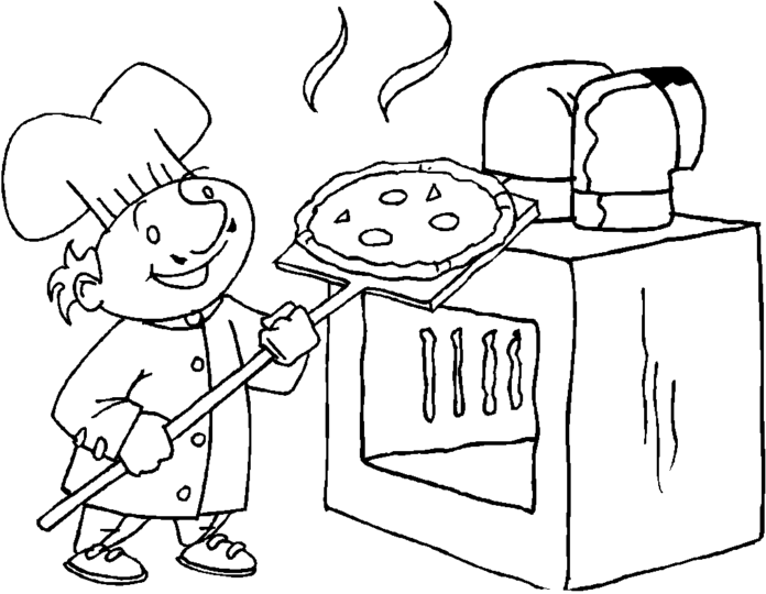 Färgbok för barn som kan skrivas ut och färgläggas pizza som bakas i ugnen