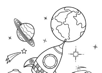 hoja para colorear cohete y planetas en el espacio imprimible para niños