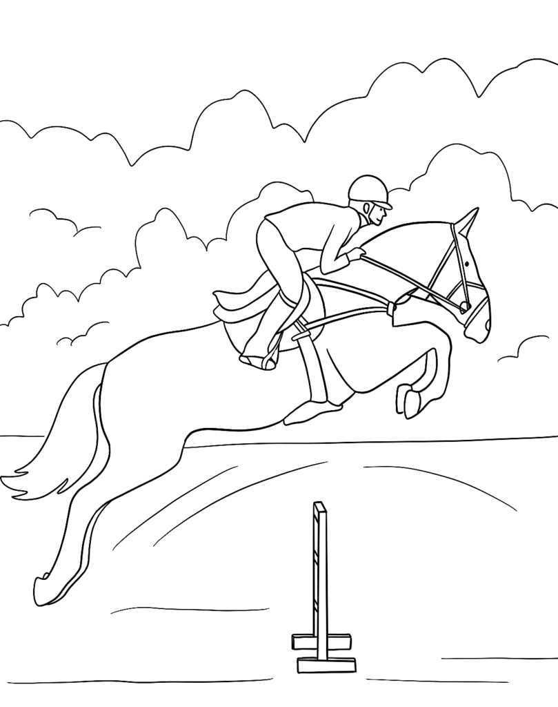 Coloring Book Jumping over obstacles with rider printable and online