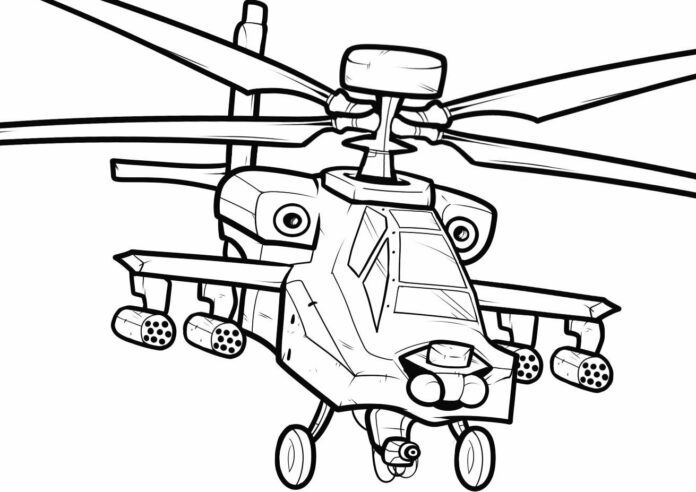 Apache sotilashelikopteri tulostettava värityskirja pojille