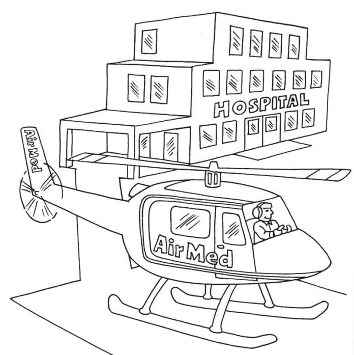 page à colorier hôpital et hélicoptère médical imprimable pour les enfants en ligne
