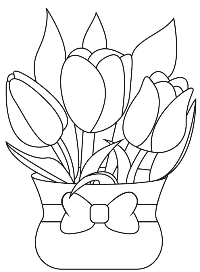 nyomtatható tulipánok egy vázában színező oldalak gyermekek számára
