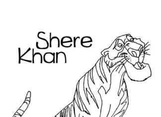 Página colorida de Shere Khane, o tigre do conto de fadas Disney O livro da selva imprimível para crianças