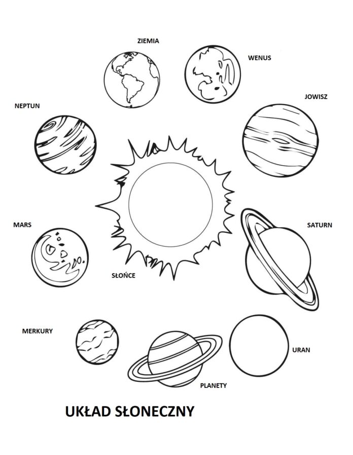 Mal- og malebog om solsystemet til børn, som kan printes og farvesættes
