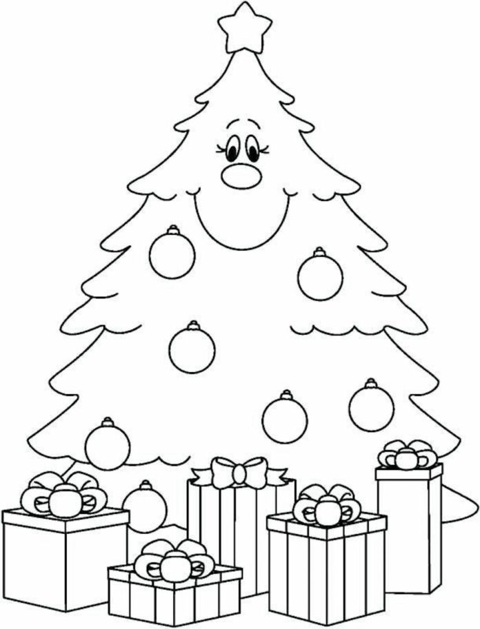 coloring page jolly Christmas tree with gifts for children
