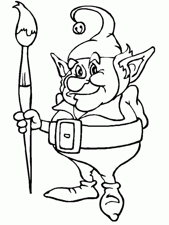 Coloring book of a cheerful gnome with a brush to print online