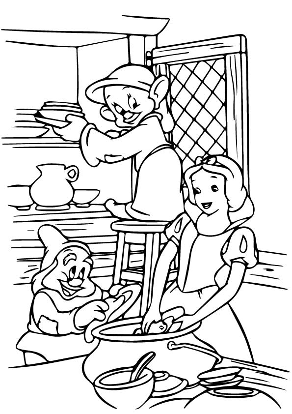 Malbuch Abwaschen des Geschirrs aus dem Märchen Schneewittchen für Kinder