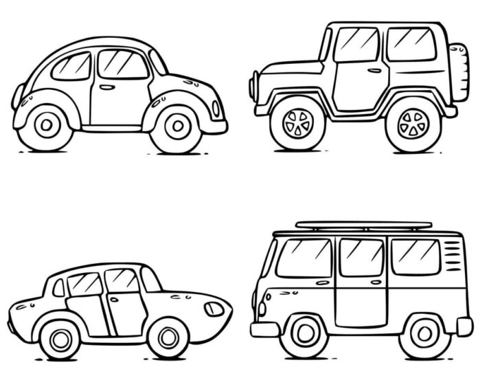 four different cars coloring book online