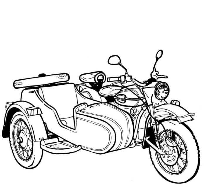 Färgblad motorcykel med sida bil med korg som kan skrivas ut på nätet