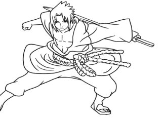 Coloring book Sasuke from Naruto to print with sword