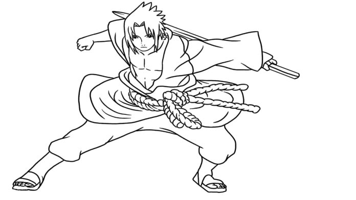 Färbung Sasuke aus Naruto zum Drucken mit Schwert