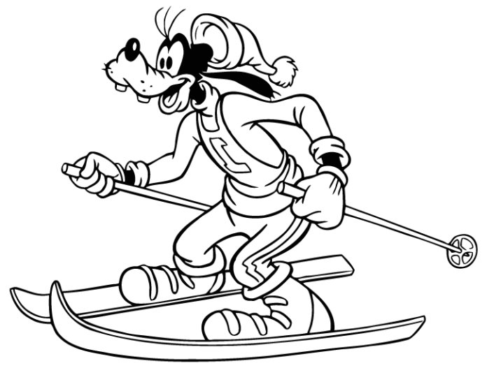 Omaľovánky Goofe na lyžiach k vytlačeniu online s karikatúrou