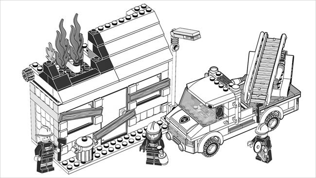 página colorida lego brigada de incêndio da cidade para crianças imprimir