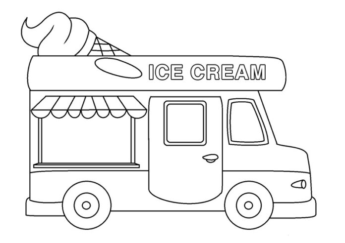 子供のためのオンライン印刷可能な車輪の上の塗り絵アイスクリームショップ
