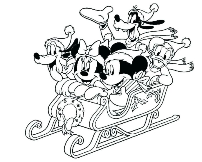 Disney cartoon characters coloring book on sledding printable and online