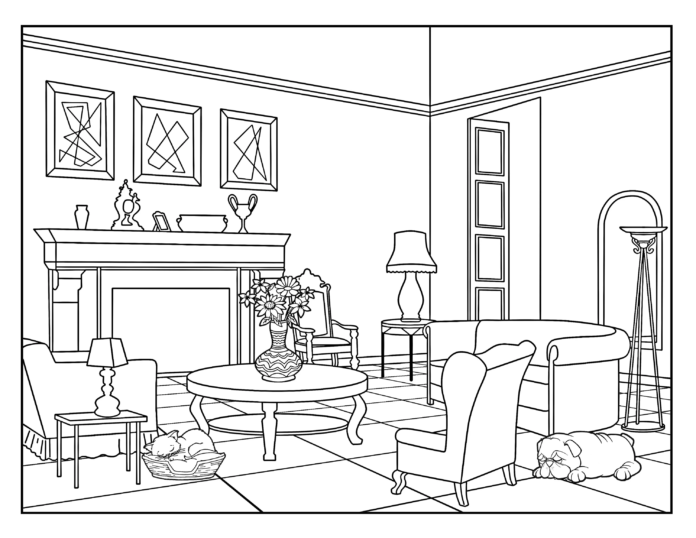 room with fireplace coloring book online