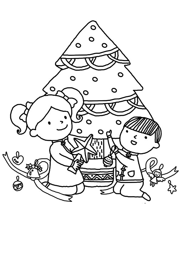 印刷用着色シート クリスマスツリーの飾り付けをする子供たち