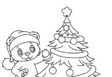 kolorowanka miesiek i drzewko świąteczne dekorowanie i ubieranie do druku