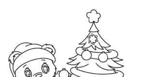 kolorowanka miesiek i drzewko świąteczne dekorowanie i ubieranie do druku