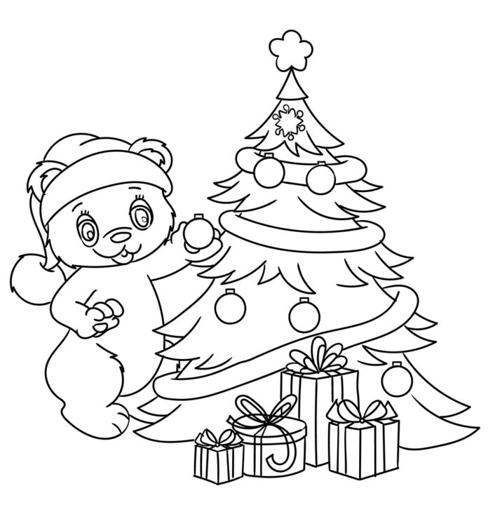 página para colorir árvore de Natal decorar e vestir imprimível