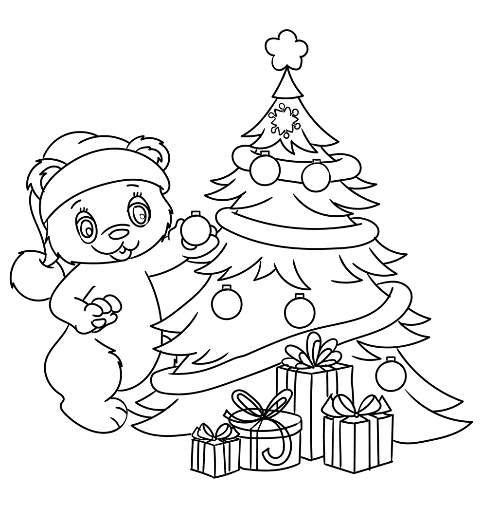 página para colorear de la decoración del árbol de Navidad y de los disfraces imprimible