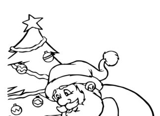 livre de coloriage Le Père Noël apporte des cadeaux sous le sapin de Noël à imprimer