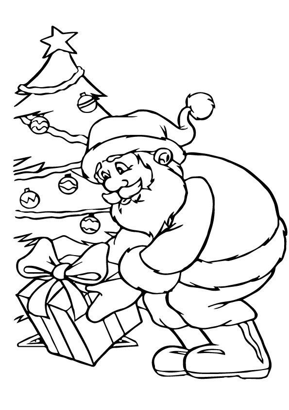 livro de colorir Papai Noel traz presentes sob a árvore de Natal para imprimir