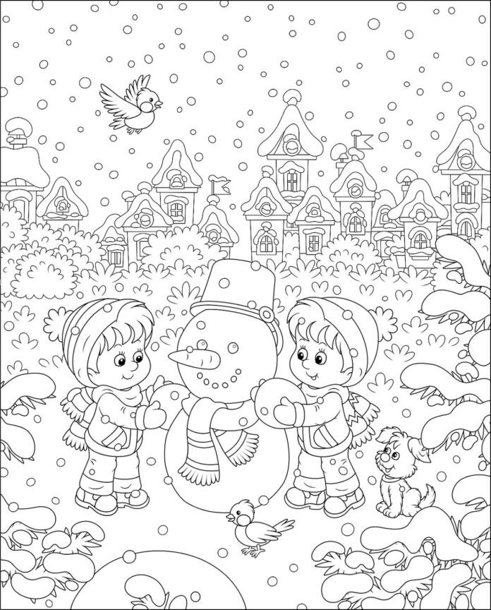 coloring page kids play in the snow printable