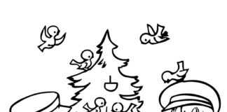coloring page of a live Christmas tree being dressed by children