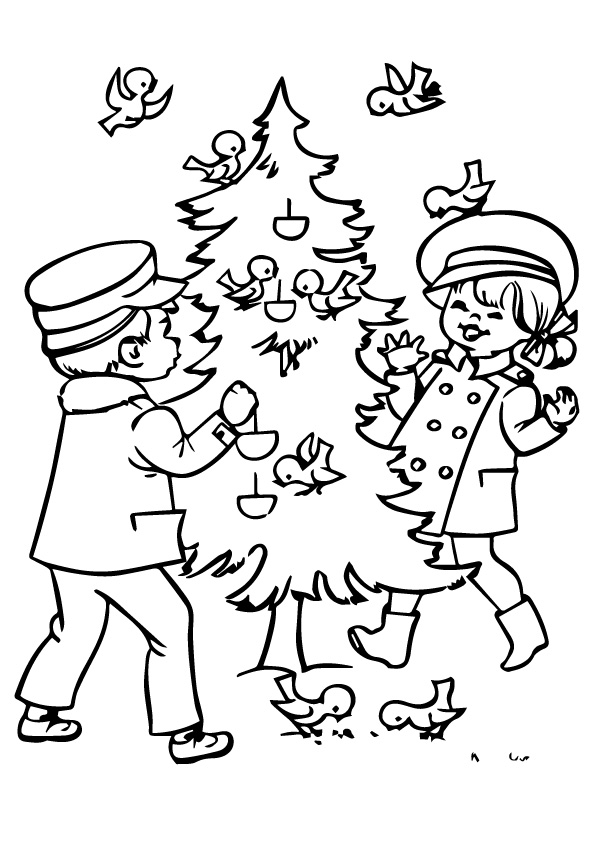 Foglio da colorare di un albero di Natale vivente vestito dai bambini