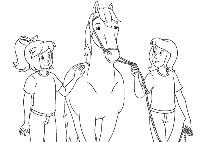 Online omaľovánka Bibi a Tiny s koňom