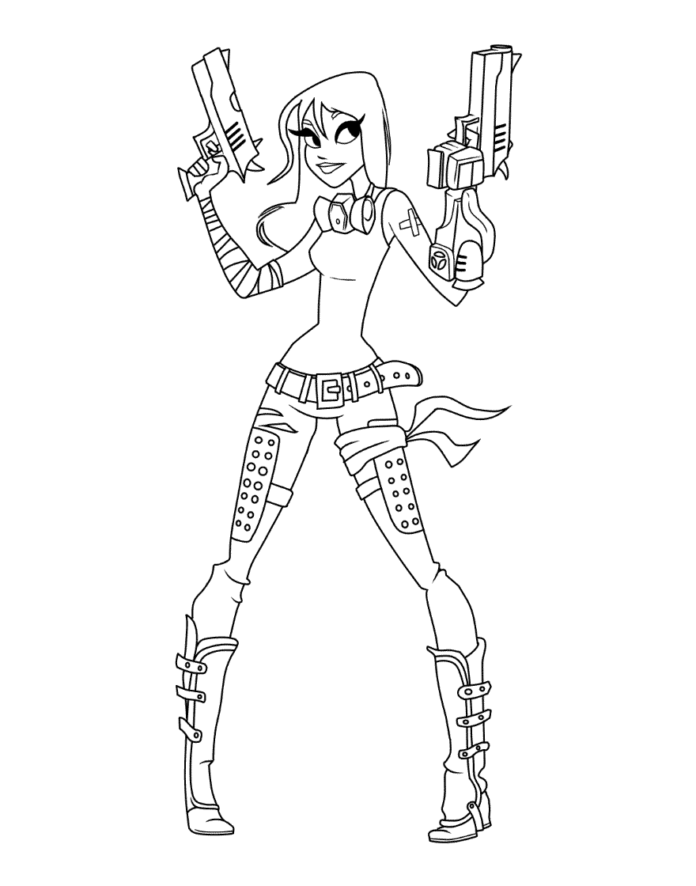 Online coloring book Fortnite girl with guns