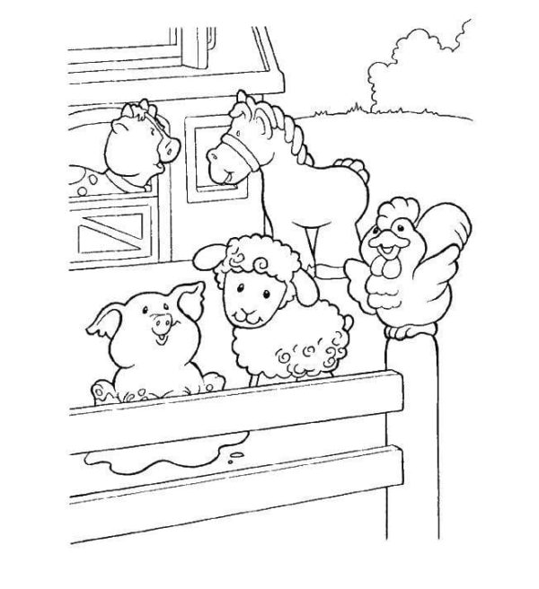 Online coloring book Rooster and farm animals