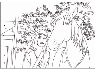 Livro colorido on-line Flores e uma menina em um estábulo