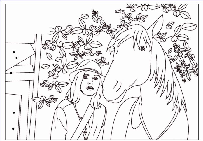 Online malebog Blomster og en pige i en stald