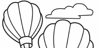 Online coloring book Balloons flying over the mountains