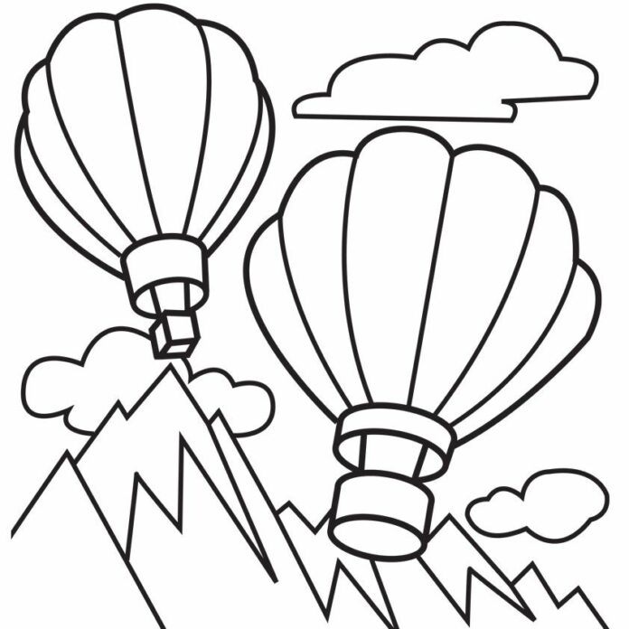 Livre de coloriage en ligne Ballons volant au-dessus des montagnes