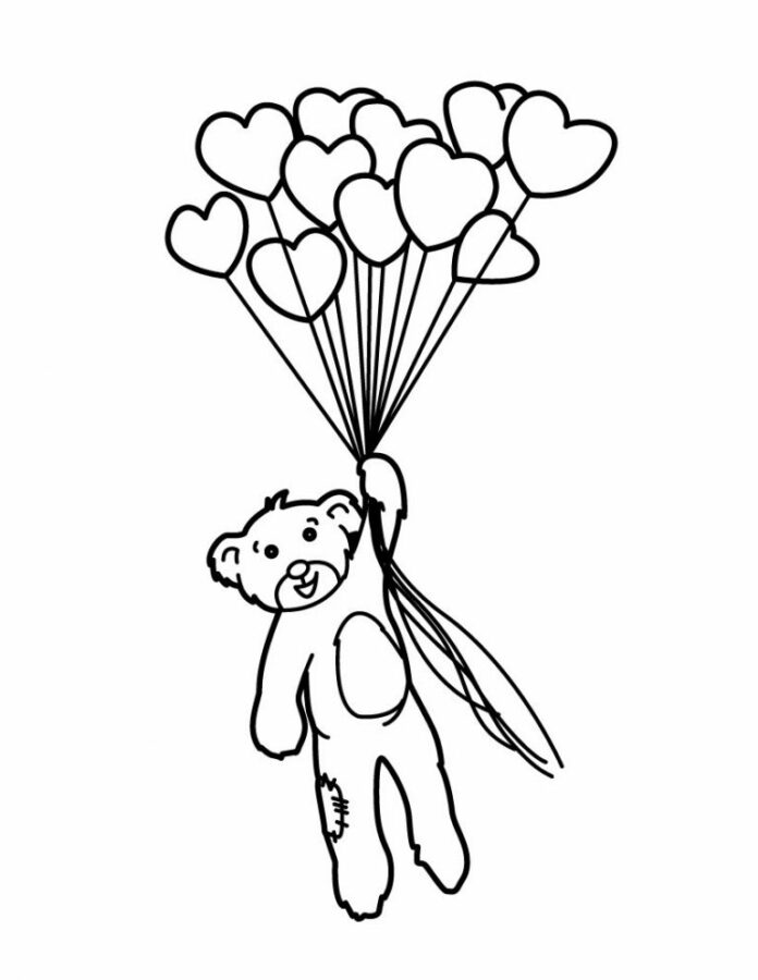 Kolorowanka online Balony serca z misiem