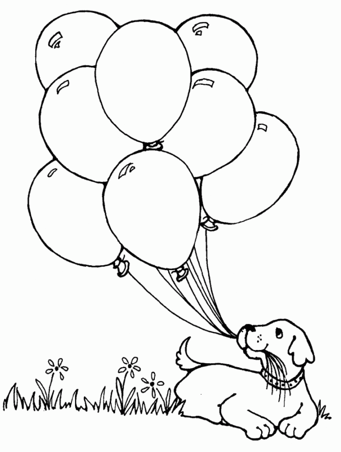 Online värityskirja Syntymäpäivä ilmapallot ja koiranpentu