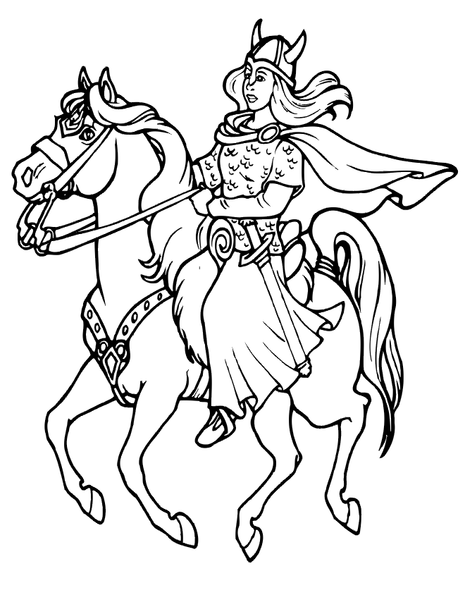 Libro para colorear en línea Chica vikinga a caballo