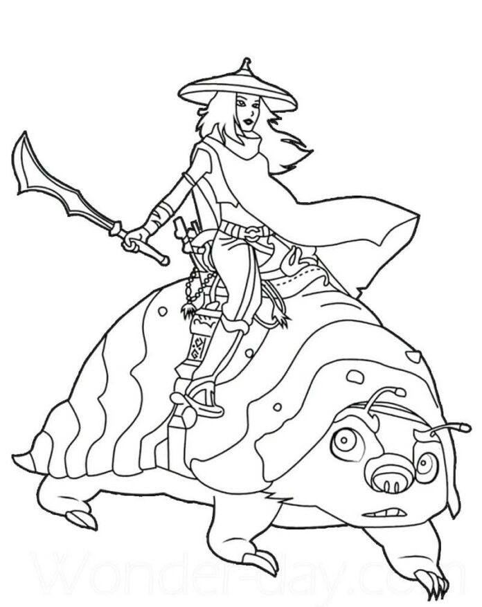 Online coloring book of Raya with sword and Tuk Tuk