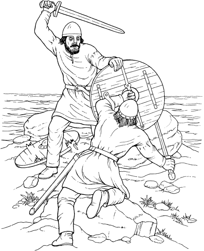 Livre de coloriage en ligne Bataille viking au bord de la mer