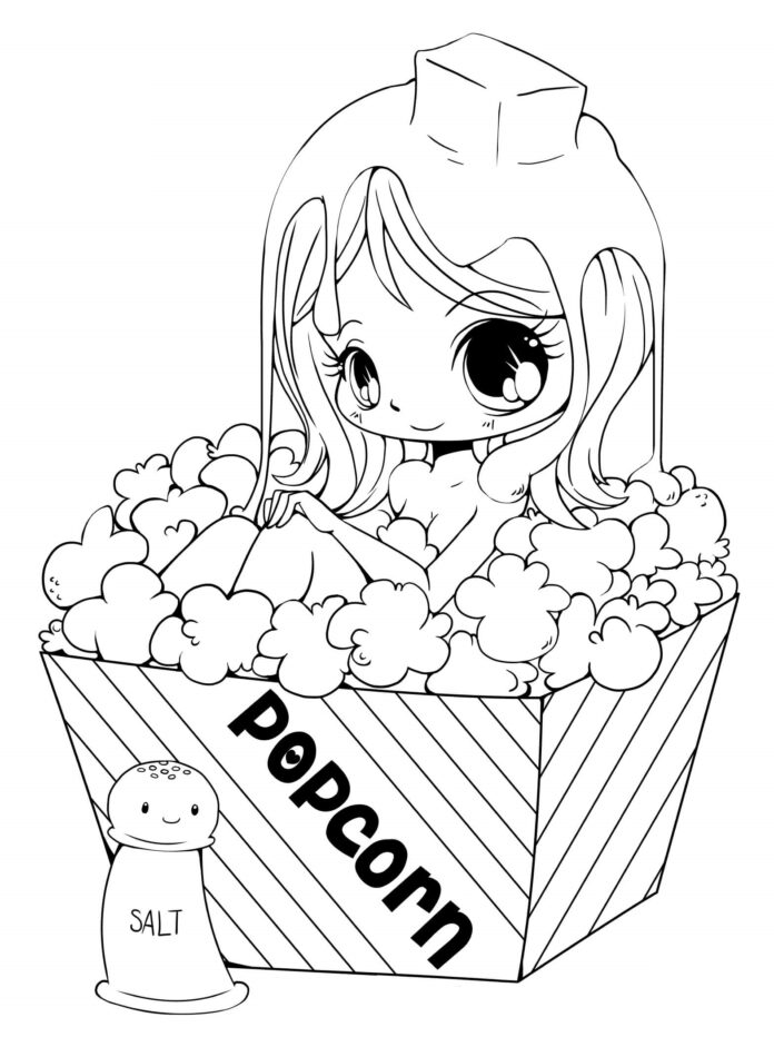 Fille en ligne à colorier et popcorn