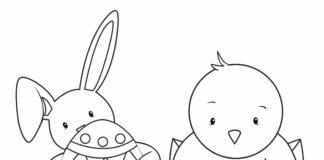 Färgbok på nätet med en kanin och en liten kyckling