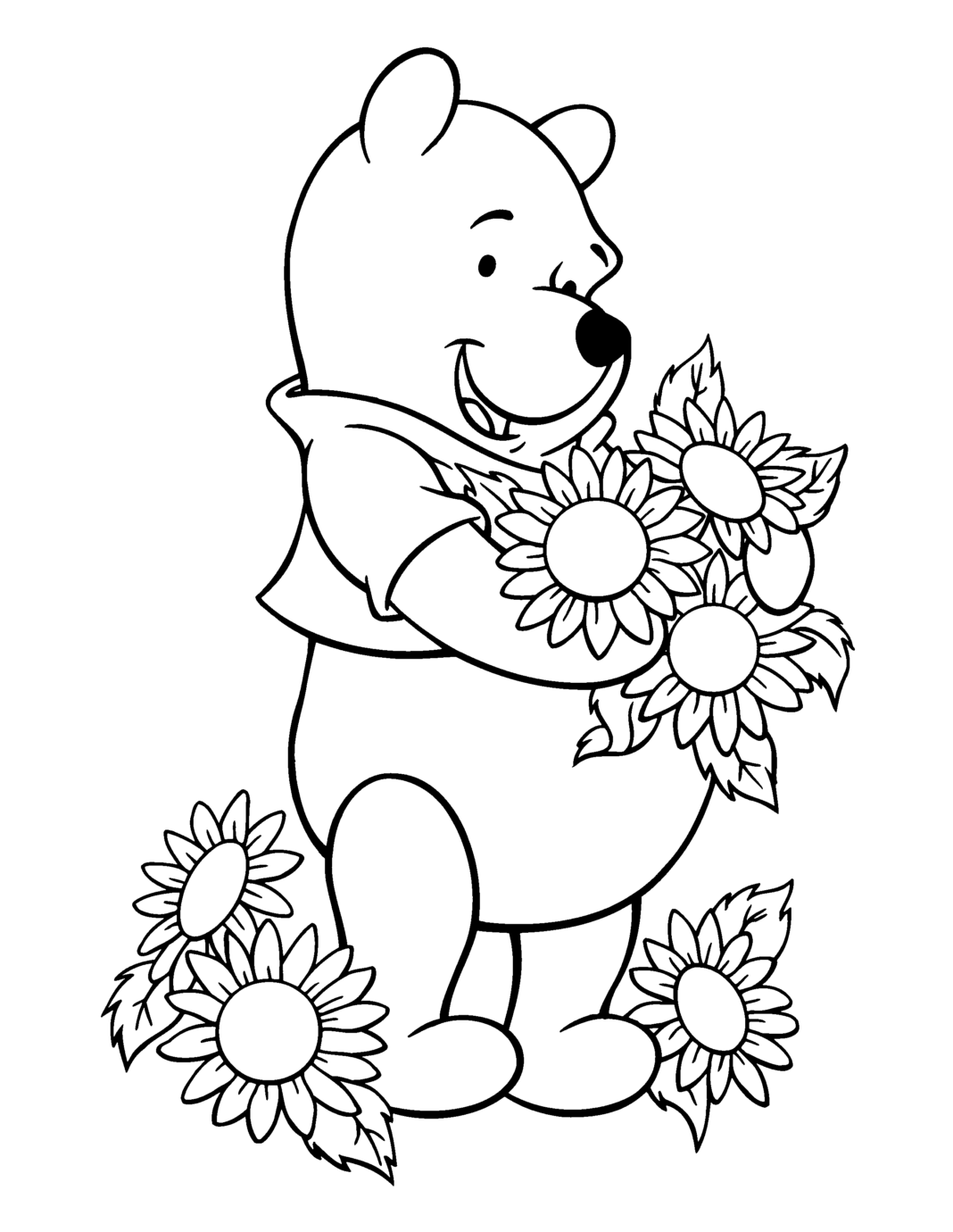 livro colorido online Winnie the Pooh com girassóis